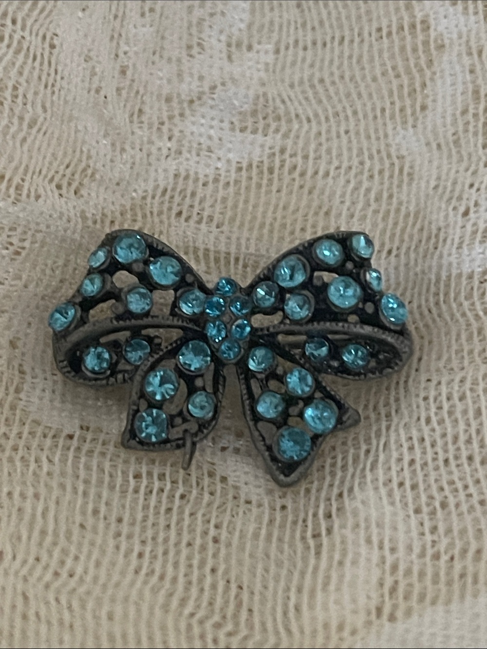 Vintage Bow Pin Brooch with Blue Crystal Accents